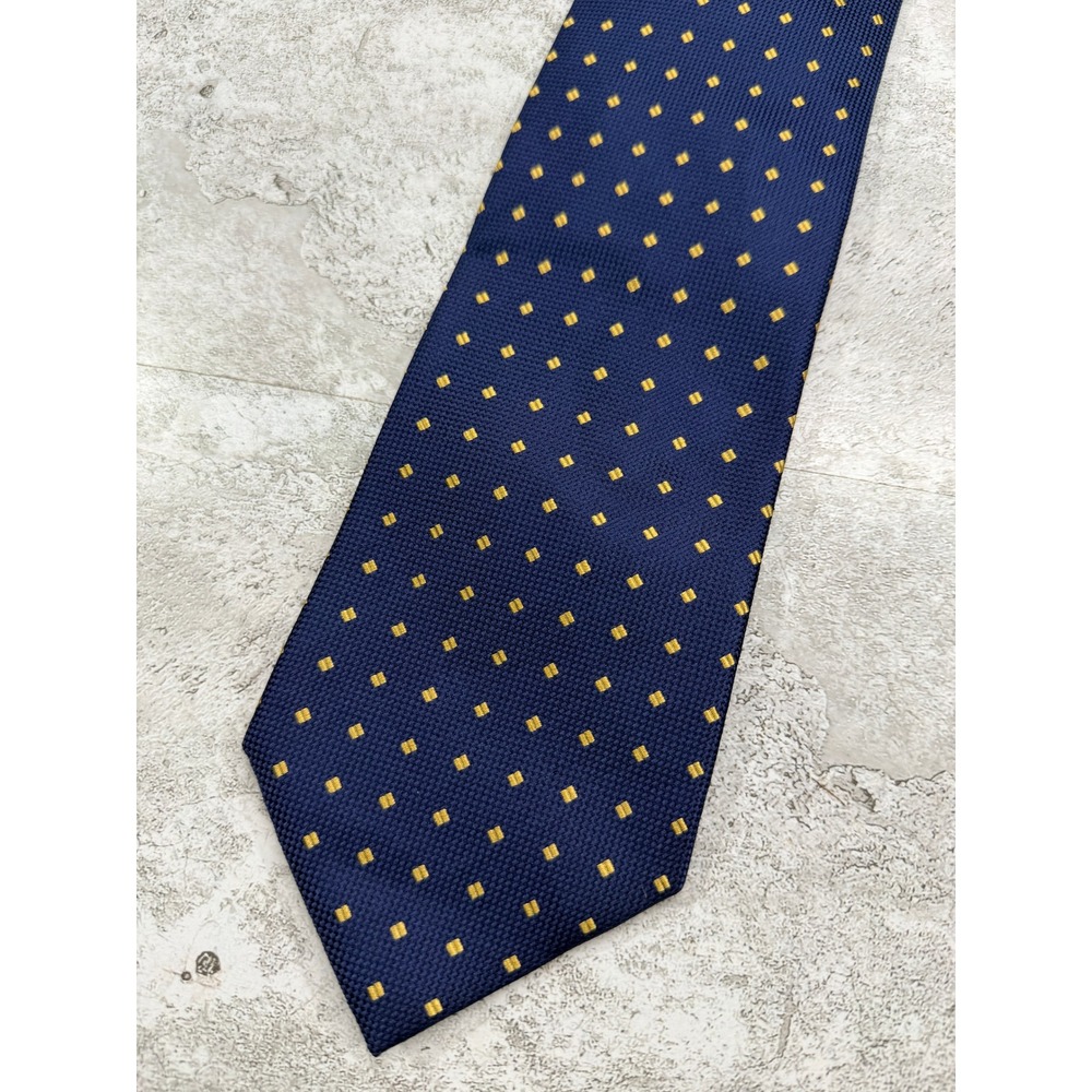 Henry Jacobson Necktie Mens OS Navy Blue Gold Square Geometric Silk